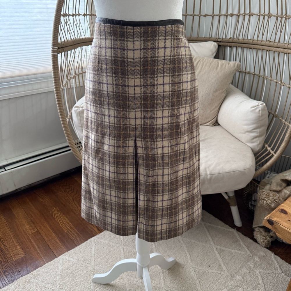 Vintage Ana Capri Wool Plaid Midi Skirt Leather Waist Trim Brown Cream Us Small